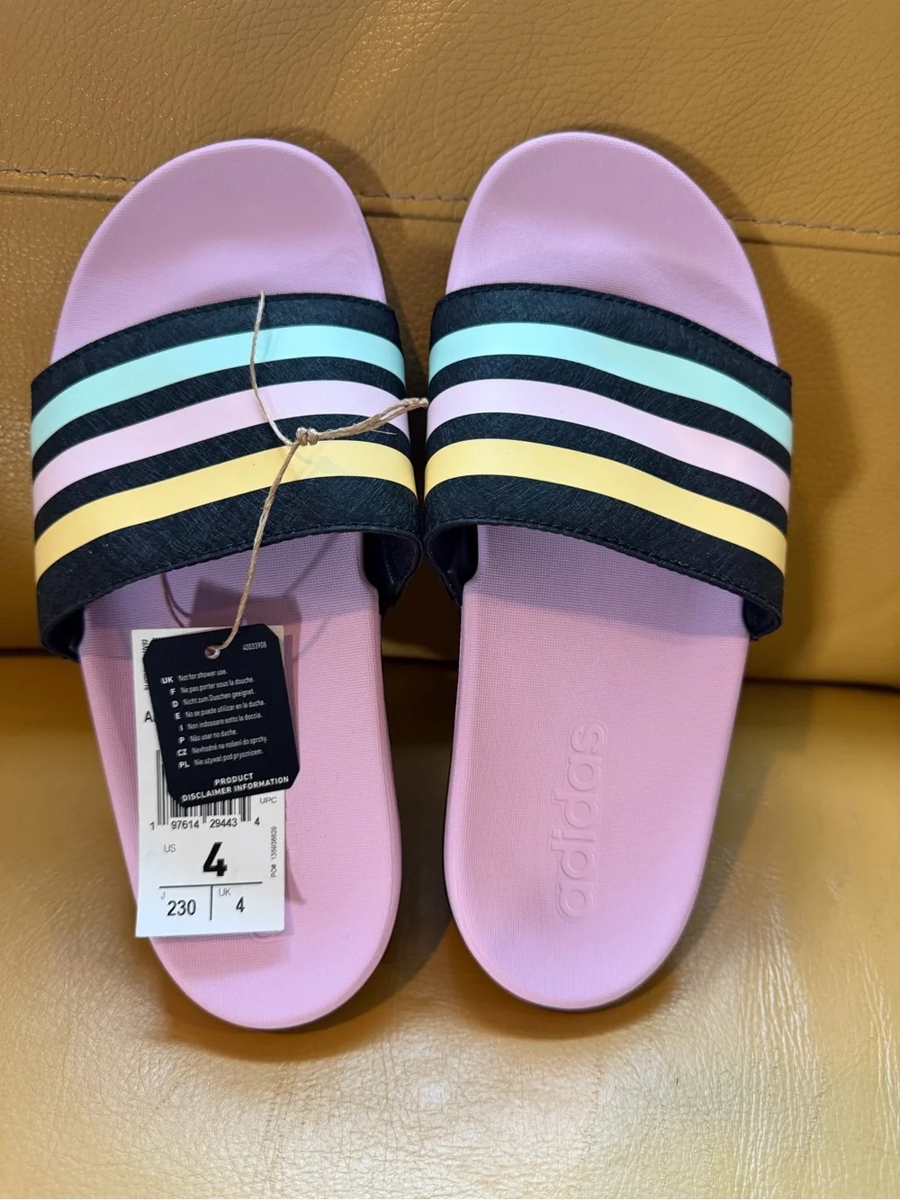 adidas girl’s Pink Slide Sandals with Black Strap and Pastel Stripes size 4